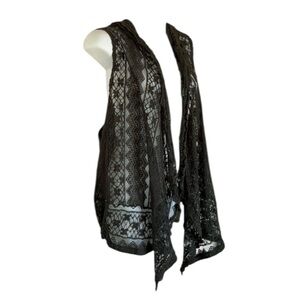 JANET CHUNG lace vest hoodie, Cascade front, hip length, forest green. 2X